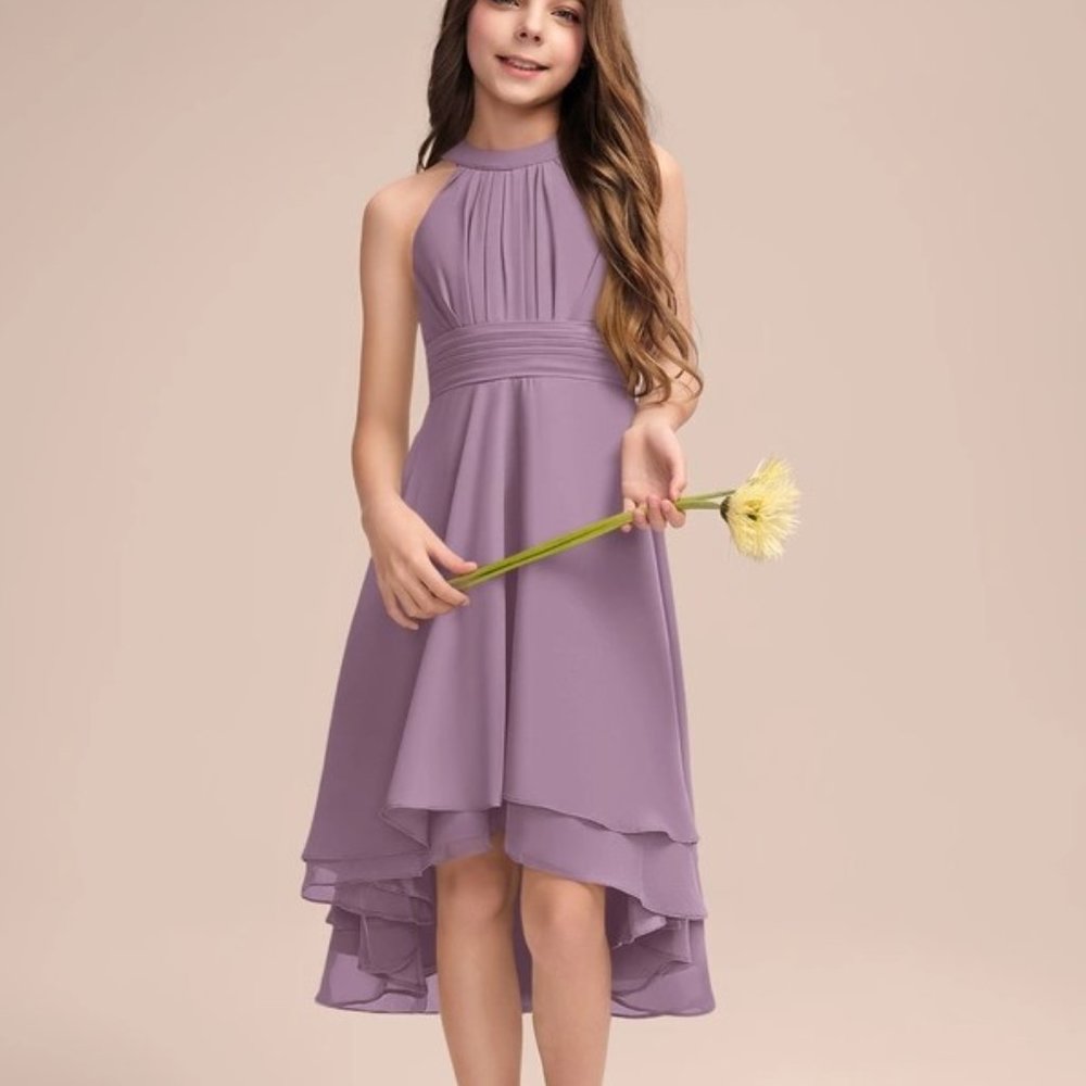 A-line halter asymmetrical chiffon junior bridesmaid dress